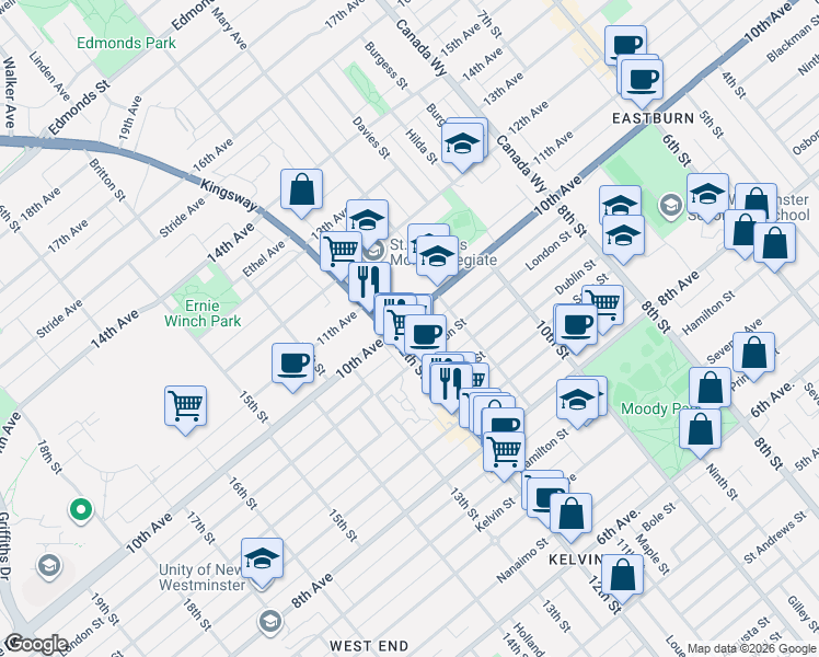 map of restaurants, bars, coffee shops, grocery stores, and more near 1124 10th Avenue in New Westminster