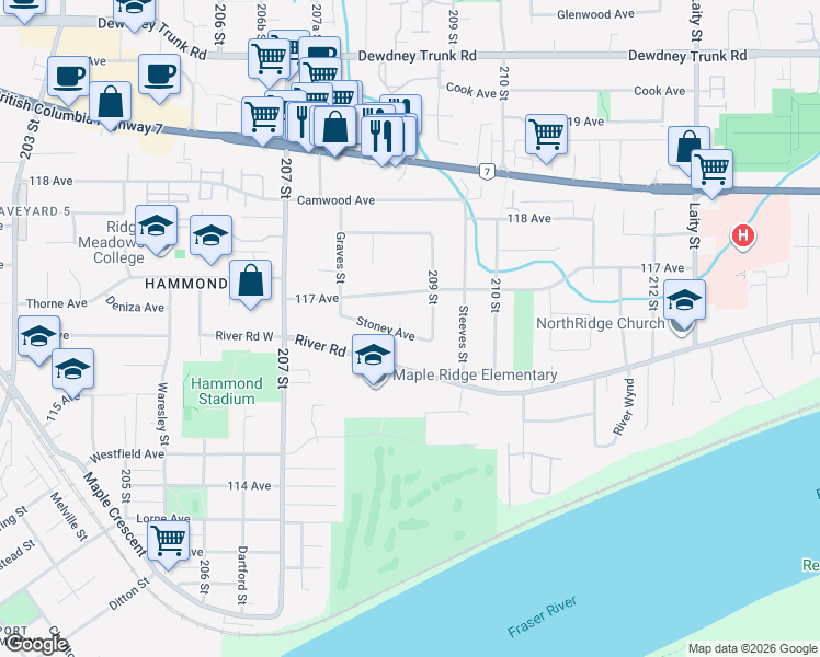 map of restaurants, bars, coffee shops, grocery stores, and more near 20849 Stoney Avenue in Maple Ridge