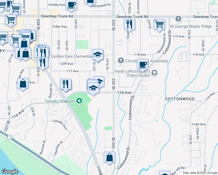 map of restaurants, bars, coffee shops, grocery stores, and more near 11618 231B Street in Maple Ridge