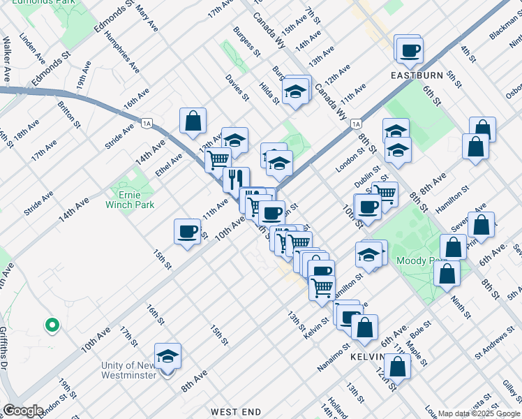 map of restaurants, bars, coffee shops, grocery stores, and more near 1124 10th Avenue in New Westminster