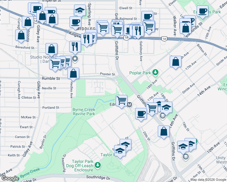 map of restaurants, bars, coffee shops, grocery stores, and more near 6860 Rumble Street in Burnaby