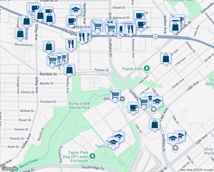 map of restaurants, bars, coffee shops, grocery stores, and more near 7671-7671, 7610-7610 Griffiths Lane in Burnaby