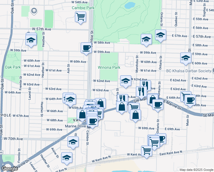 map of restaurants, bars, coffee shops, grocery stores, and more near 7830 Yukon Street in Vancouver