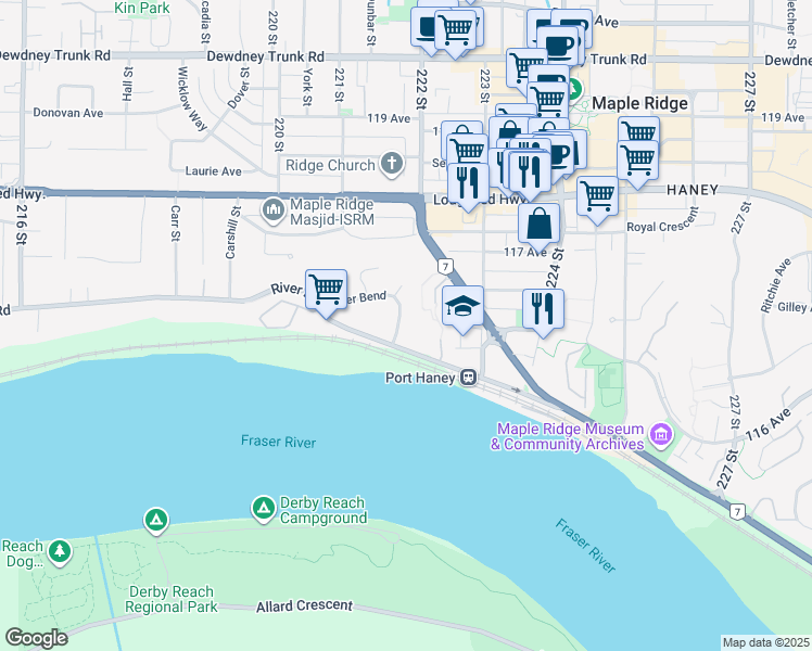 map of restaurants, bars, coffee shops, grocery stores, and more near 22185 River Bend in Maple Ridge