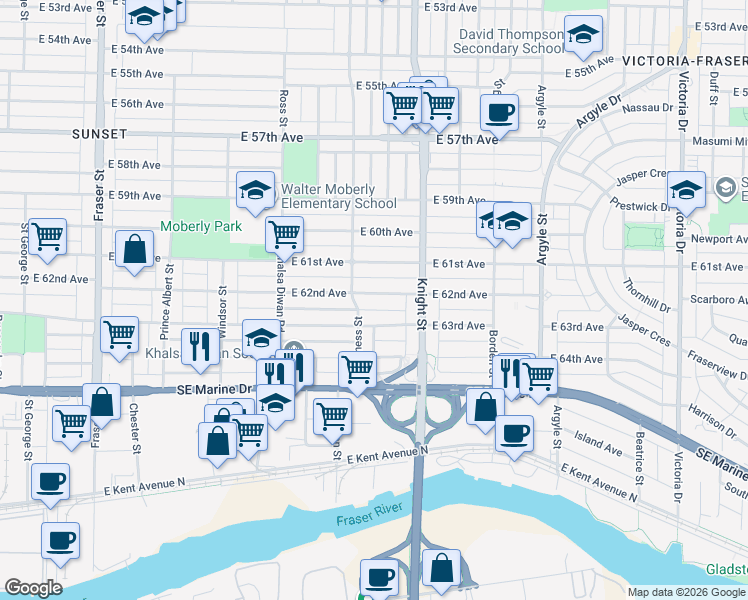 map of restaurants, bars, coffee shops, grocery stores, and more near 1332 East 62nd Avenue in Vancouver