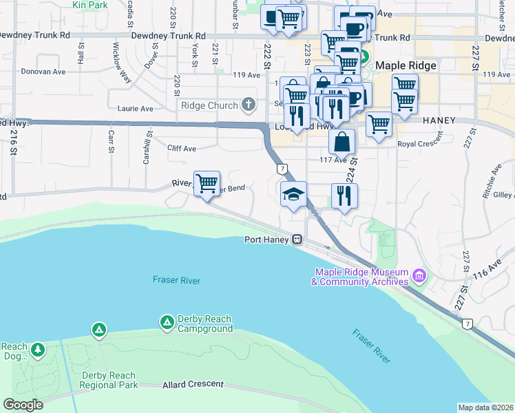 map of restaurants, bars, coffee shops, grocery stores, and more near in Maple Ridge