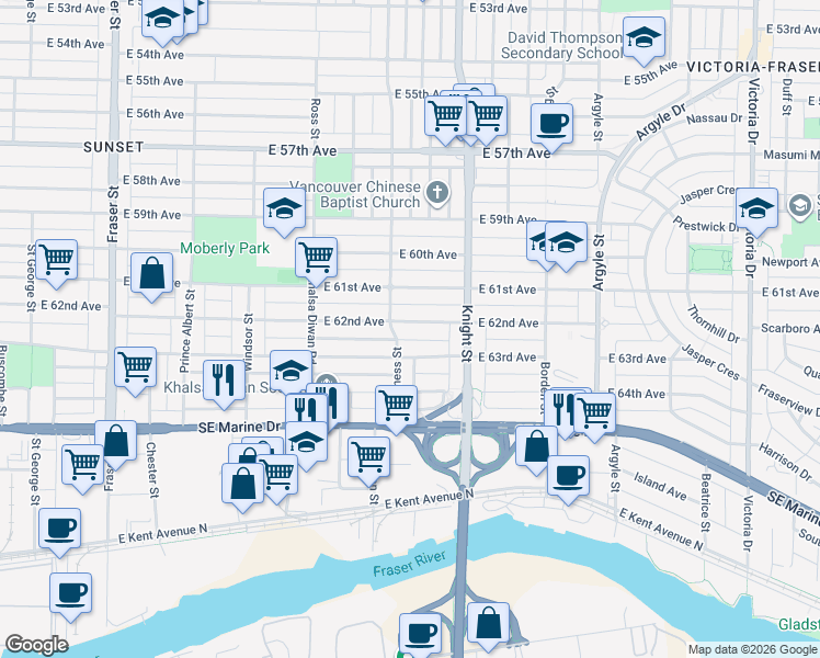 map of restaurants, bars, coffee shops, grocery stores, and more near 1322 East 62nd Avenue in Vancouver
