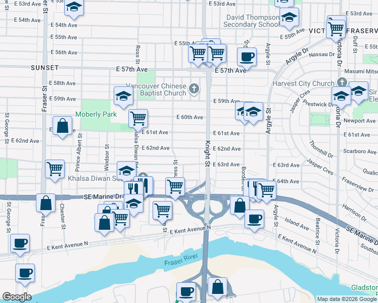 map of restaurants, bars, coffee shops, grocery stores, and more near 1356 East 62nd Avenue in Vancouver