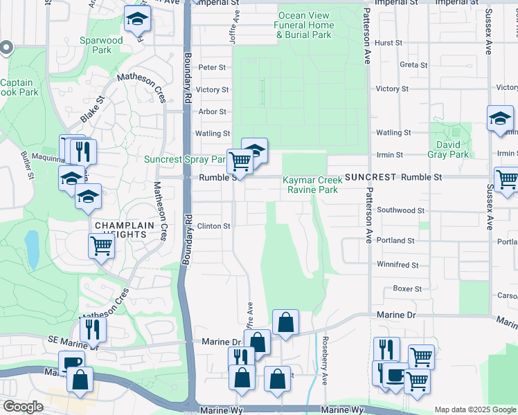 map of restaurants, bars, coffee shops, grocery stores, and more near 3846 Southwood Street in Burnaby