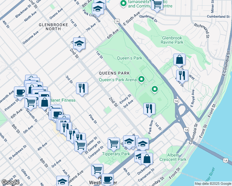 map of restaurants, bars, coffee shops, grocery stores, and more near 334 Arbutus Street in New Westminster