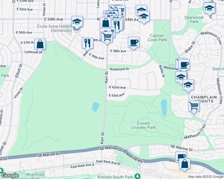 map of restaurants, bars, coffee shops, grocery stores, and more near 3116 East 62nd Avenue in Vancouver