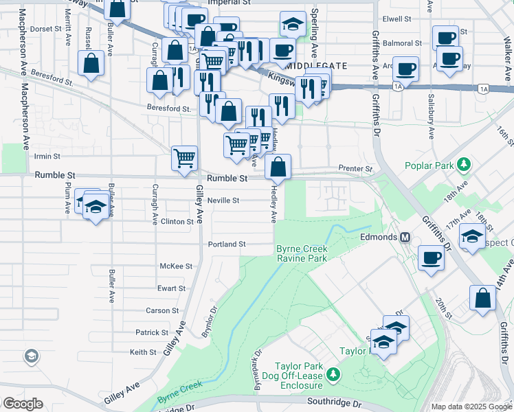 map of restaurants, bars, coffee shops, grocery stores, and more near 6536 Neville Street in Burnaby