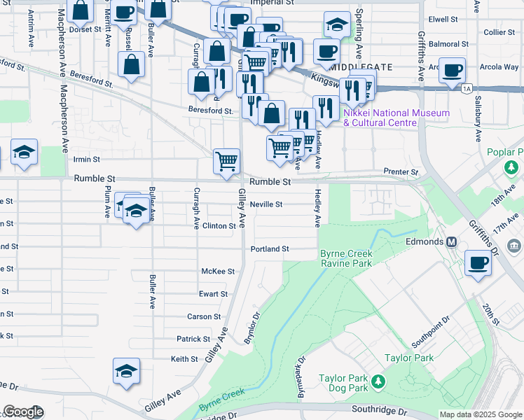 map of restaurants, bars, coffee shops, grocery stores, and more near 6378 Neville Street in Burnaby