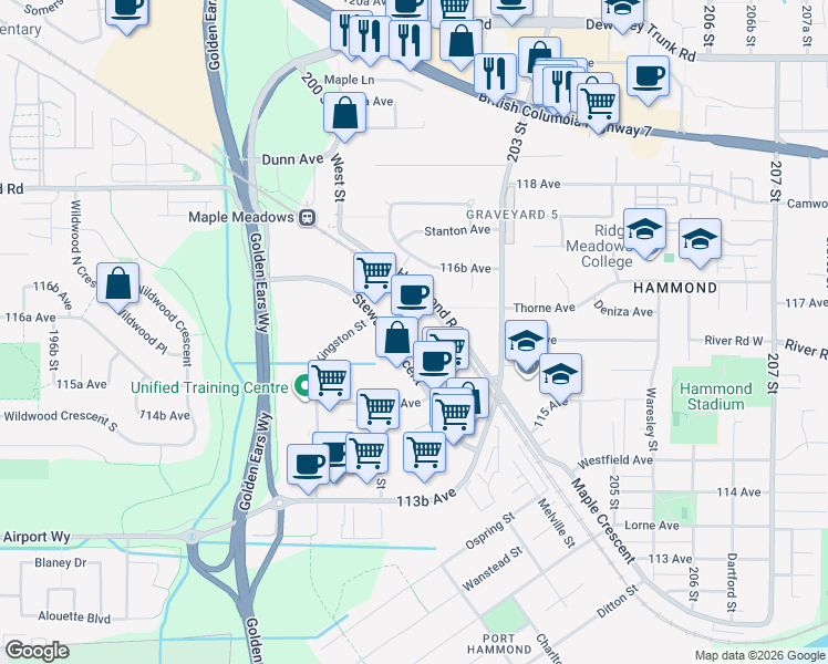map of restaurants, bars, coffee shops, grocery stores, and more near 20120 Stewart Crescent in Maple Ridge