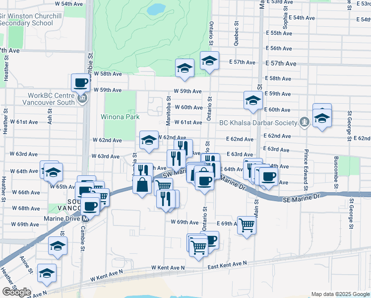 map of restaurants, bars, coffee shops, grocery stores, and more near 105 West 63rd Avenue in Vancouver