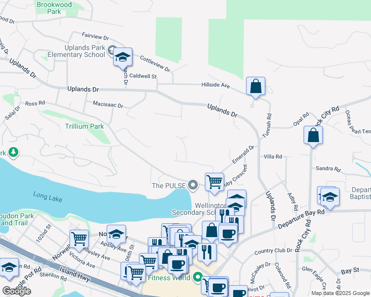 map of restaurants, bars, coffee shops, grocery stores, and more near 149 Kian Place in Nanaimo