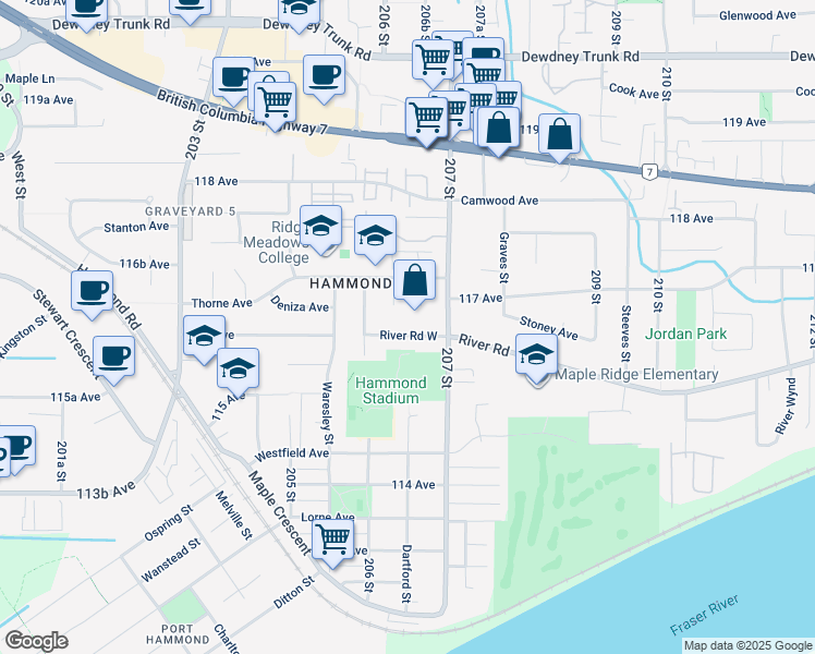 map of restaurants, bars, coffee shops, grocery stores, and more near 20655 River Road West in Maple Ridge