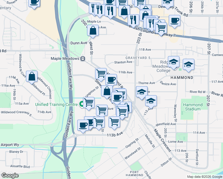 map of restaurants, bars, coffee shops, grocery stores, and more near 20120 Stewart Crescent in Maple Ridge