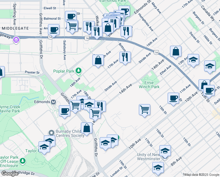 map of restaurants, bars, coffee shops, grocery stores, and more near in Burnaby
