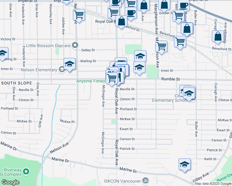 map of restaurants, bars, coffee shops, grocery stores, and more near 7774 Royal Oak Avenue in Burnaby
