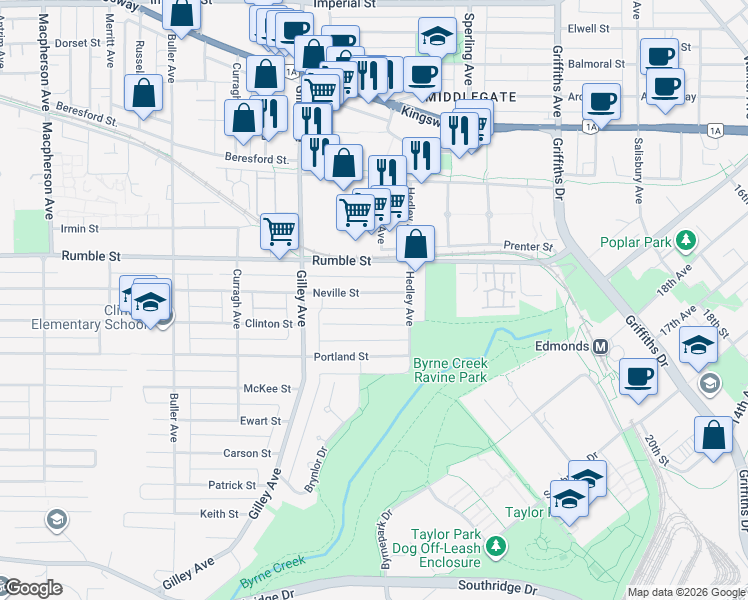 map of restaurants, bars, coffee shops, grocery stores, and more near 6508 Neville Street in Burnaby