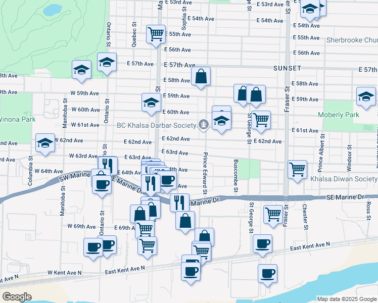 map of restaurants, bars, coffee shops, grocery stores, and more near 339 East 63rd Avenue in Vancouver