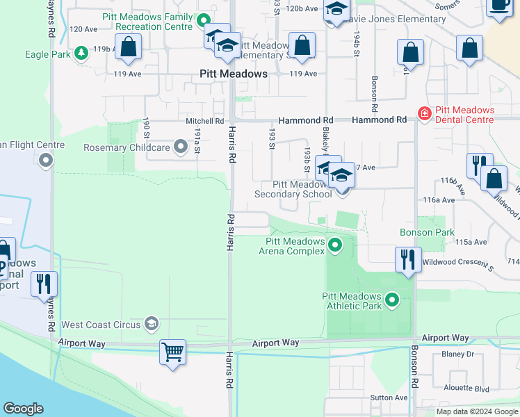map of restaurants, bars, coffee shops, grocery stores, and more near 19269 Streamstone Walk in Pitt Meadows