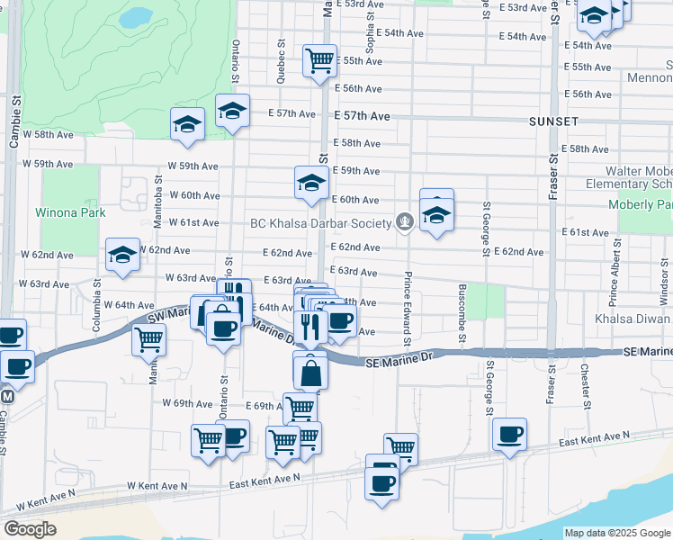 map of restaurants, bars, coffee shops, grocery stores, and more near 225 East 63rd Avenue in Vancouver