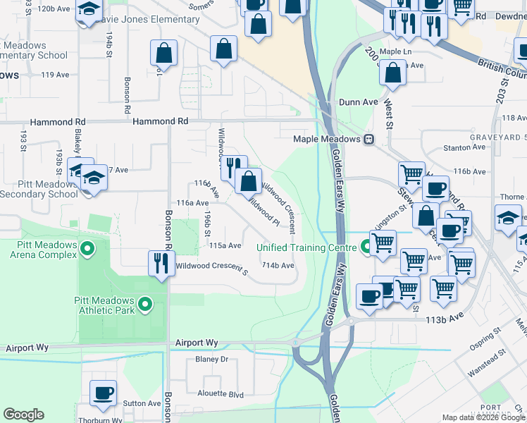 map of restaurants, bars, coffee shops, grocery stores, and more near 19806 Wildwood Place in Pitt Meadows