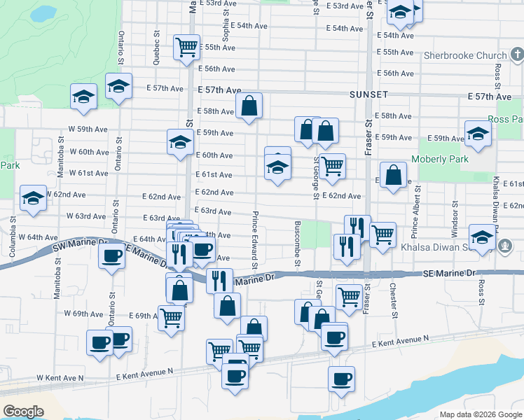 map of restaurants, bars, coffee shops, grocery stores, and more near in Vancouver
