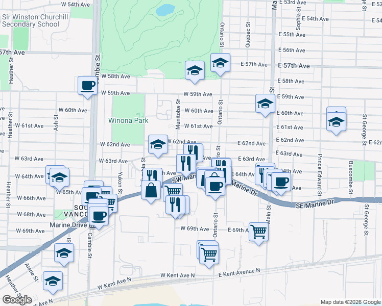 map of restaurants, bars, coffee shops, grocery stores, and more near 133 West 63rd Avenue in Vancouver