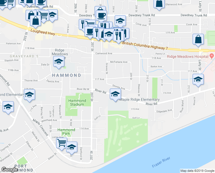 map of restaurants, bars, coffee shops, grocery stores, and more near 20804 Stoney Avenue in Maple Ridge