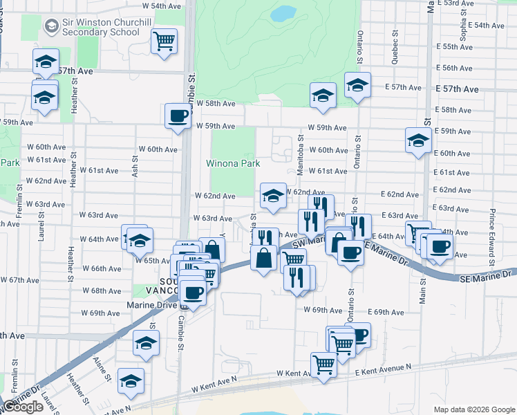map of restaurants, bars, coffee shops, grocery stores, and more near 295 West 63rd Avenue in Vancouver