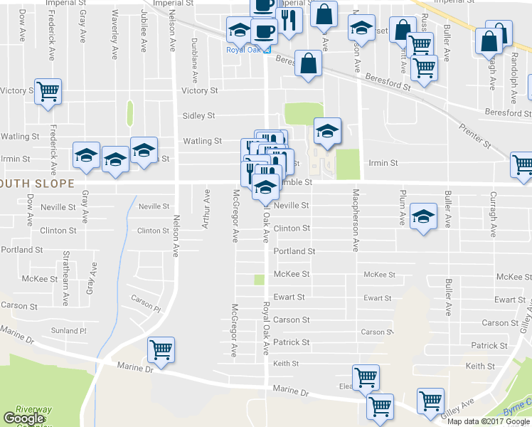 map of restaurants, bars, coffee shops, grocery stores, and more near 7727 Royal Oak Avenue in Burnaby