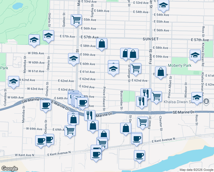 map of restaurants, bars, coffee shops, grocery stores, and more near 409 East 63rd Avenue in Vancouver