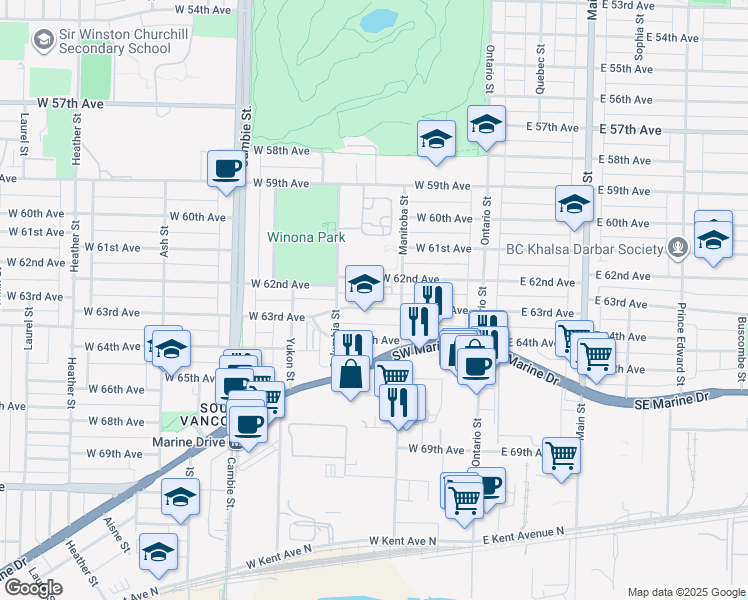map of restaurants, bars, coffee shops, grocery stores, and more near 245 West 63rd Avenue in Vancouver