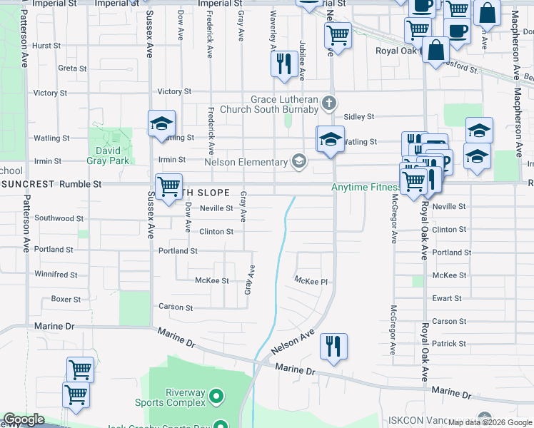 map of restaurants, bars, coffee shops, grocery stores, and more near 4672 Neville Street in Burnaby