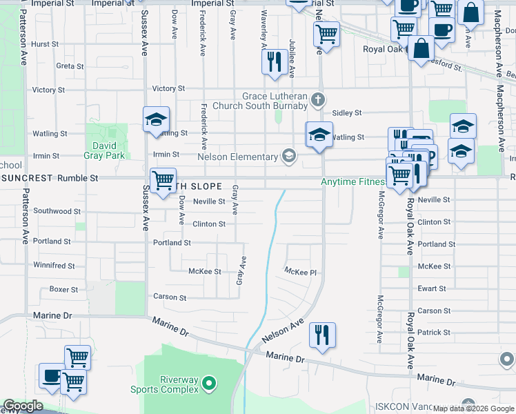 map of restaurants, bars, coffee shops, grocery stores, and more near 4672 Neville Street in Burnaby