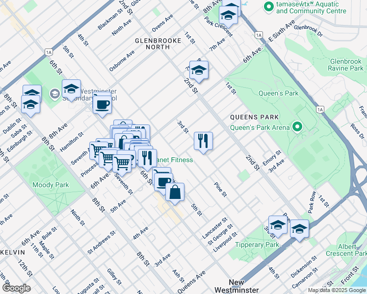 map of restaurants, bars, coffee shops, grocery stores, and more near 313 5th Avenue in New Westminster