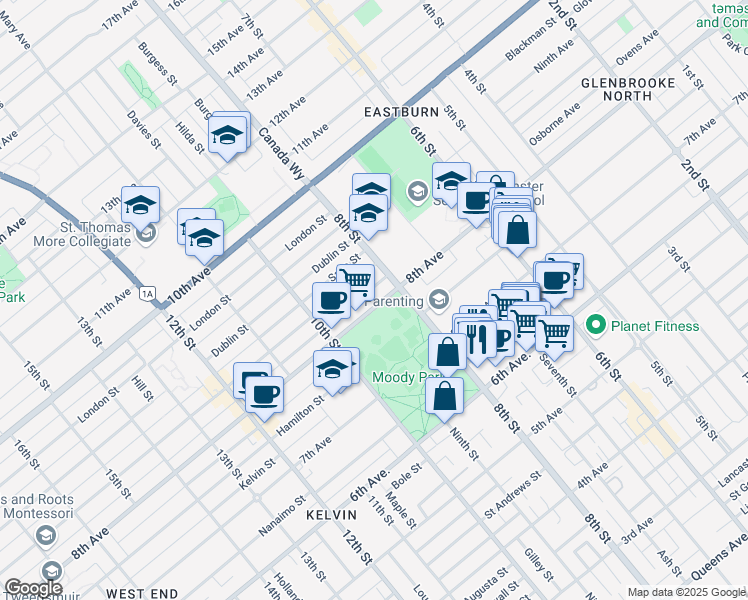 map of restaurants, bars, coffee shops, grocery stores, and more near 815 Eighth Avenue in New Westminster