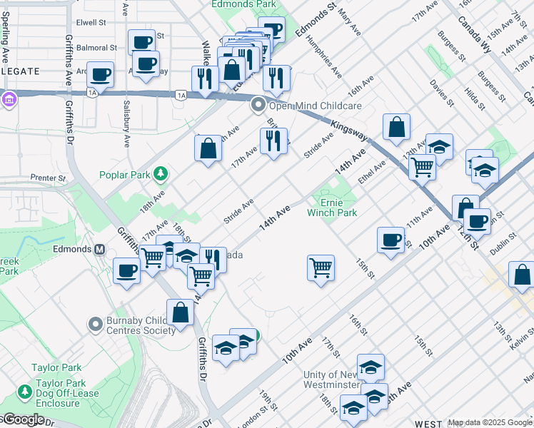 map of restaurants, bars, coffee shops, grocery stores, and more near 7588 16th Street in Burnaby