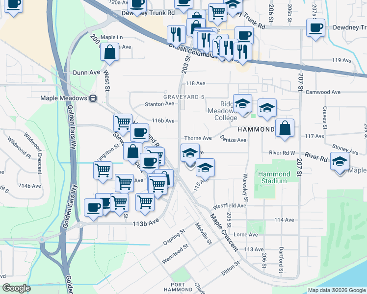 map of restaurants, bars, coffee shops, grocery stores, and more near 11612 203 Street in Maple Ridge