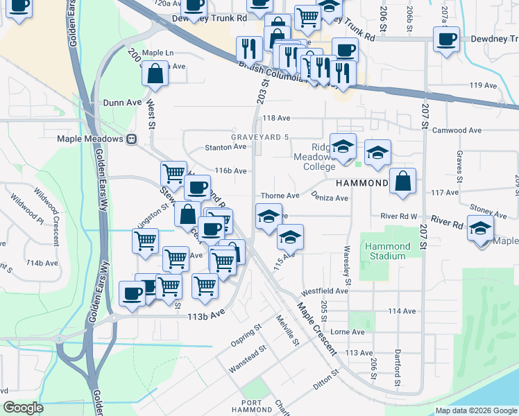 map of restaurants, bars, coffee shops, grocery stores, and more near 11618 203 Street in Maple Ridge