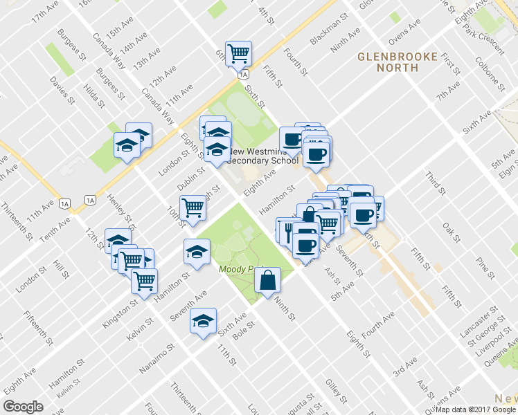 map of restaurants, bars, coffee shops, grocery stores, and more near in New Westminster