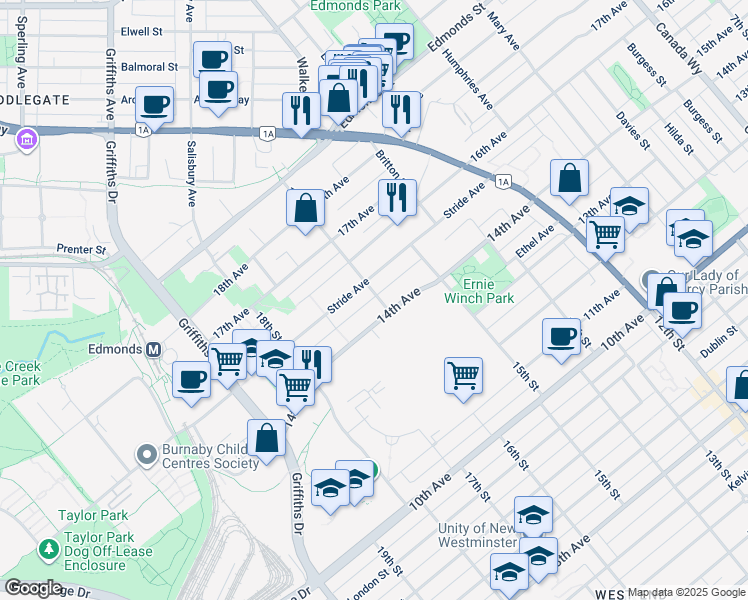 map of restaurants, bars, coffee shops, grocery stores, and more near in Burnaby