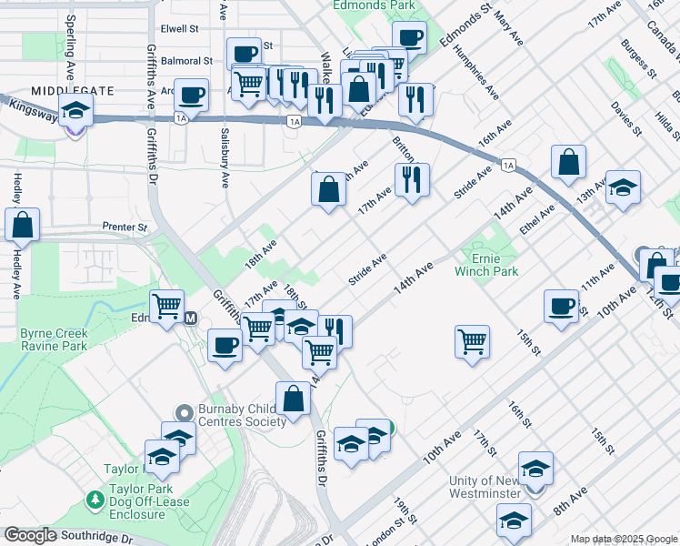 map of restaurants, bars, coffee shops, grocery stores, and more near 7159 Stride Avenue in Burnaby