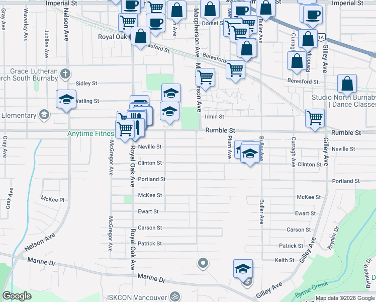 map of restaurants, bars, coffee shops, grocery stores, and more near 5536 Neville Street in Burnaby