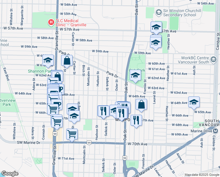map of restaurants, bars, coffee shops, grocery stores, and more near in Vancouver