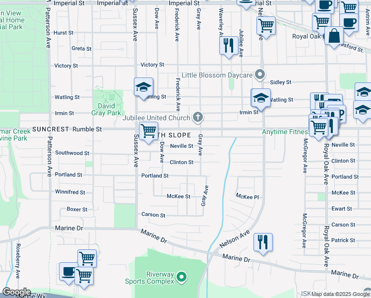 map of restaurants, bars, coffee shops, grocery stores, and more near 4566 Neville Street in Burnaby