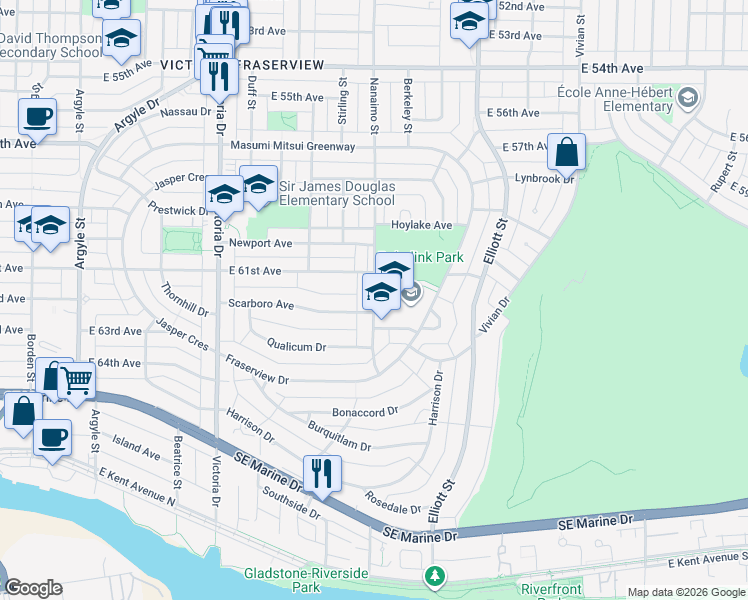 map of restaurants, bars, coffee shops, grocery stores, and more near 7778 Nanaimo Street in Vancouver
